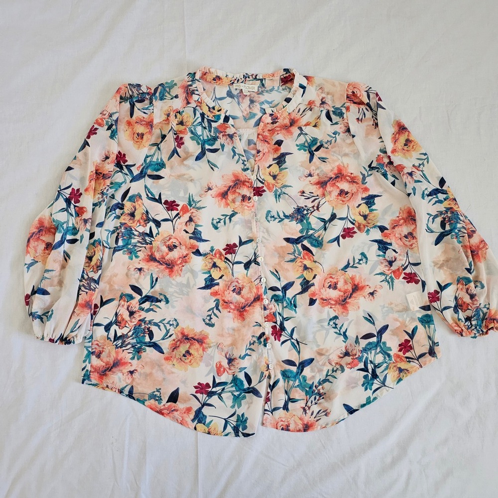 Fig + Flower Floral Blouse Womens 2X Peach Orange Boho Ruffle Balloon Sleeve